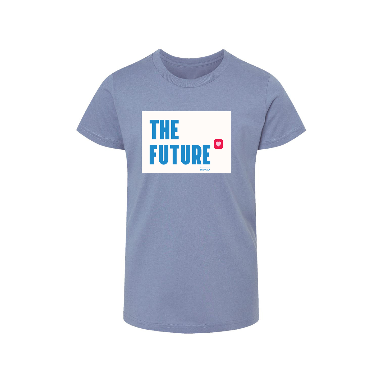 Light blue tee shirt with "THE FUTURE" printed in bright blue on a white rectangle.