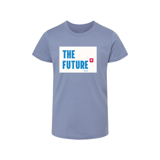 Light blue tee shirt with "THE FUTURE" printed in bright blue on a white rectangle.