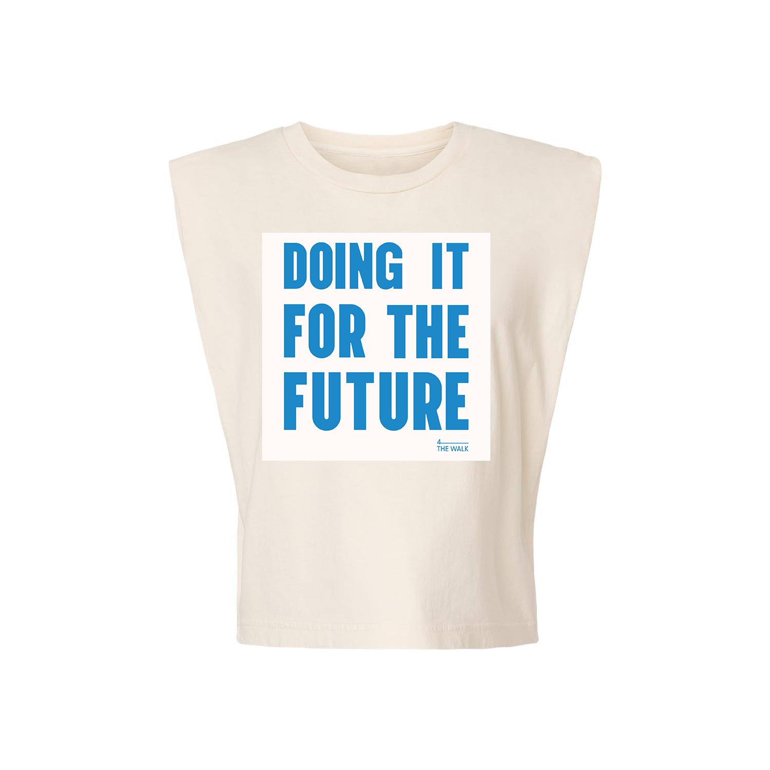 Off white tank top with 'DOING IT FOR THE FUTURE' printed at center in bright blue.