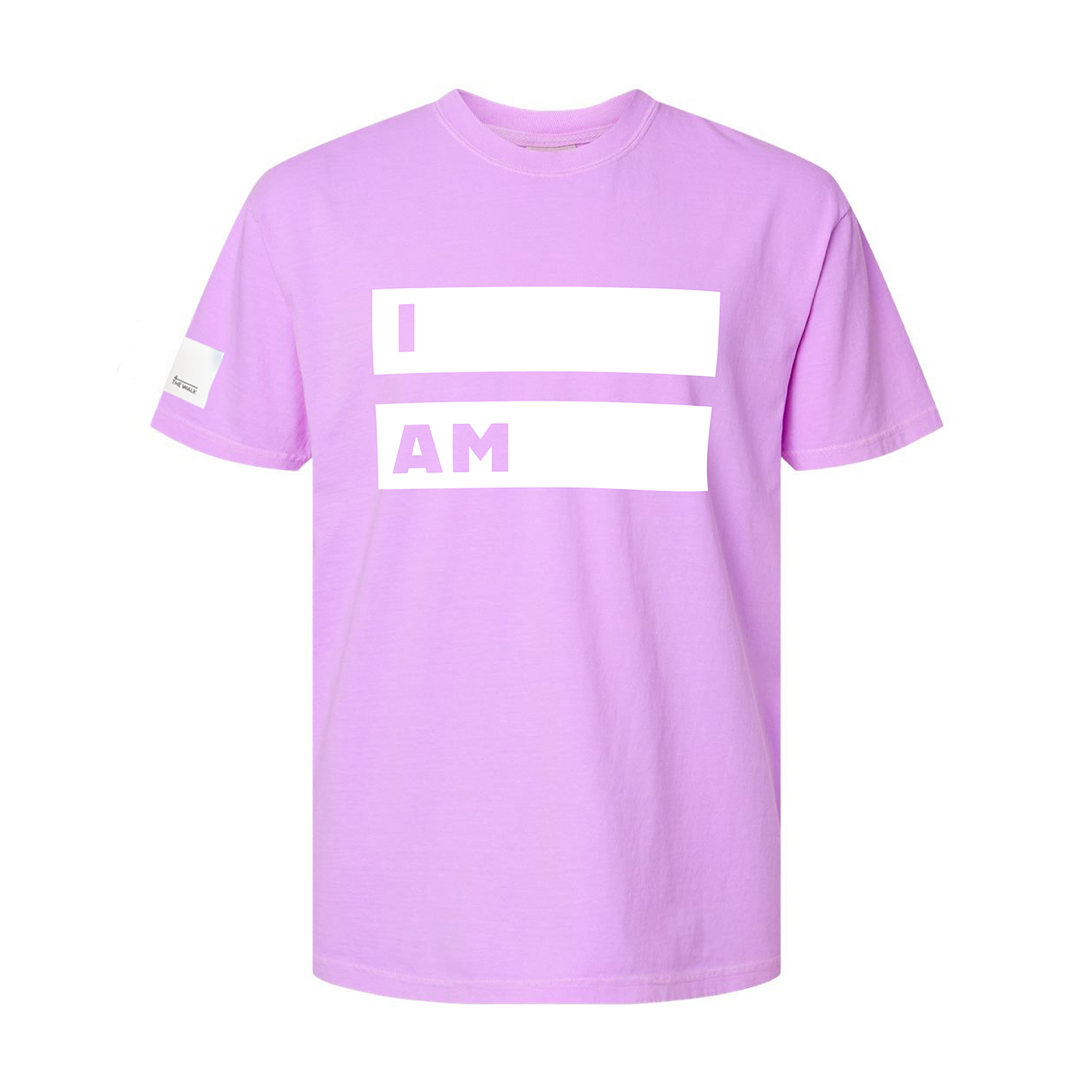 Bright lilac tee shirt printed with 'I AM' within a white equal sign.