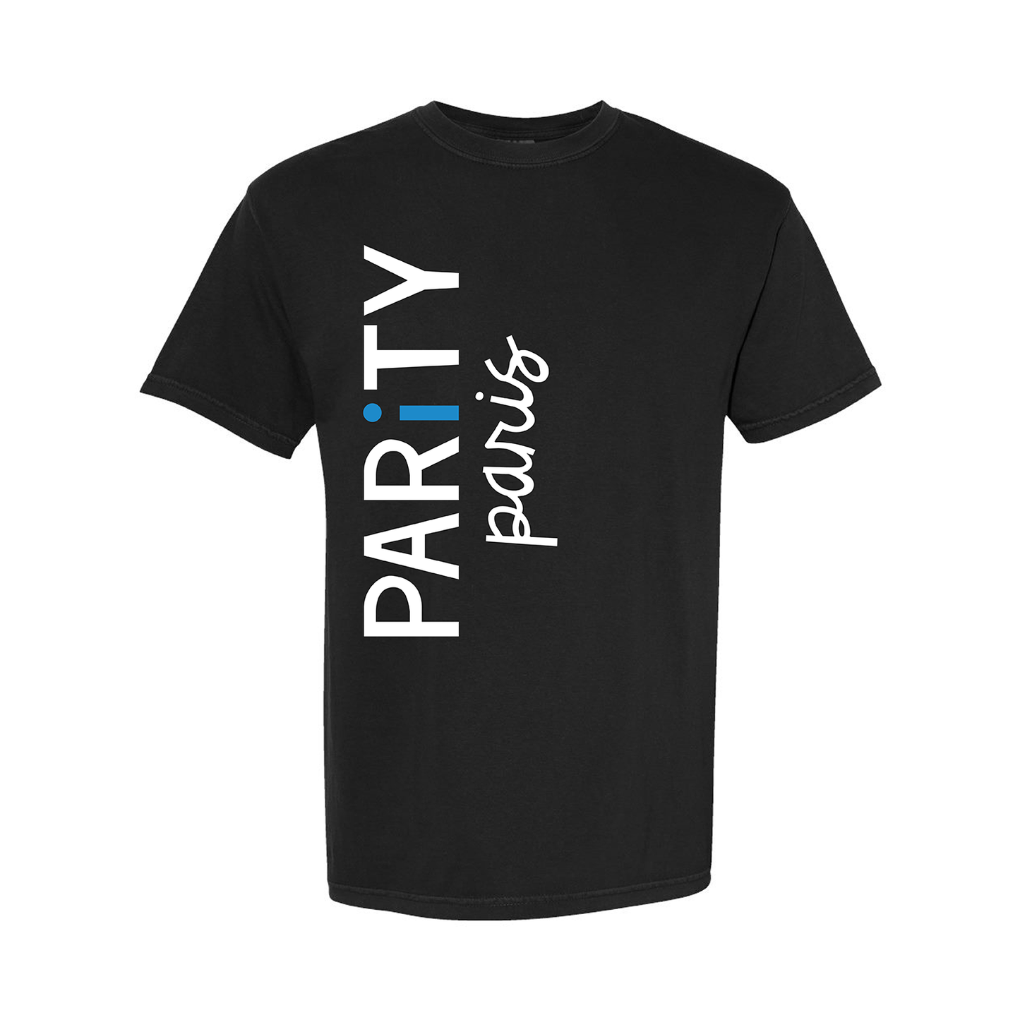 Black tee shirt with 'Parity Paris' printed in white with a bright blue accent.