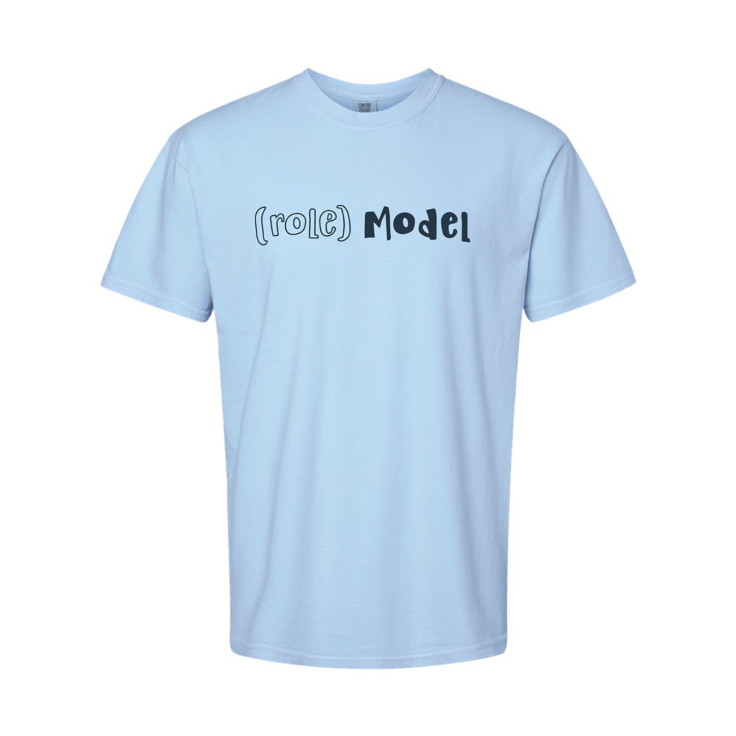 Pale blue tee shirt with 'Role Model' across the chest in navy blue.